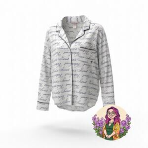 Victoria's Secret White Black Script Print Cotton Pajama Top Womens Medium